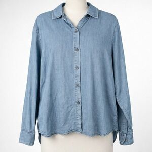 Peruvian Connection Womens Chambray‎ Button Shirt Size L Blue Boho Denim Western